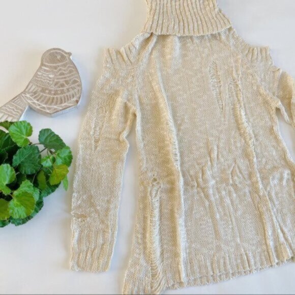 Easel | Bethany Distressed Destructed Cold Shoulder Sweater Tunic Cream Medium - Picture 7 of 14
